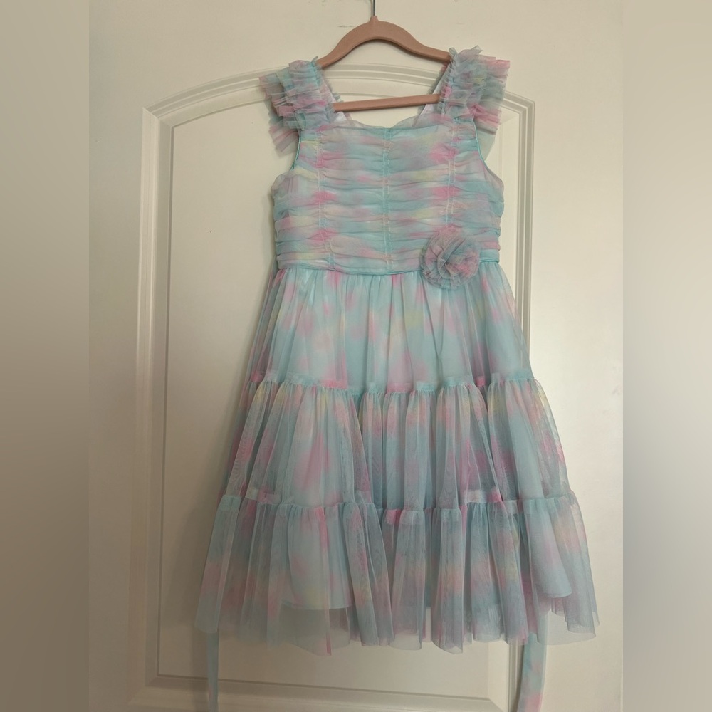 Jona Michelle Blue and Pink Ruched Tiered Dress